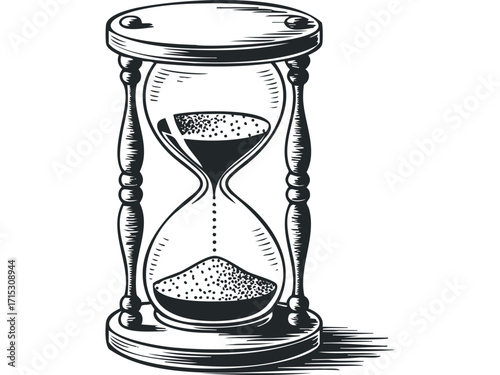 Vintage hourglass measuring sand falling on transparent. Vector hand drawn