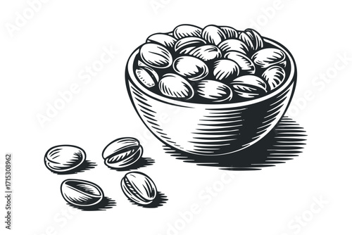Pistachio Bowl Isolated with Scattered Nuts. Vector hand drawn