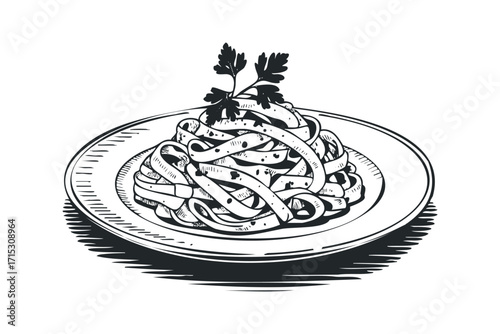 Dish of tangled noodles with parsley garnish isolated on white. Vector hand drawn