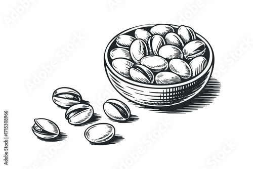 Pistachios in bowl image, line art sketch, healthy snack. Vector hand drawn