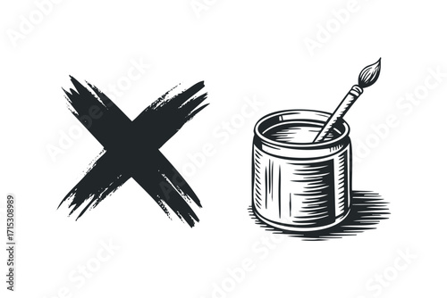 Paintbrush in Jar and X Mark. Vector hand drawn