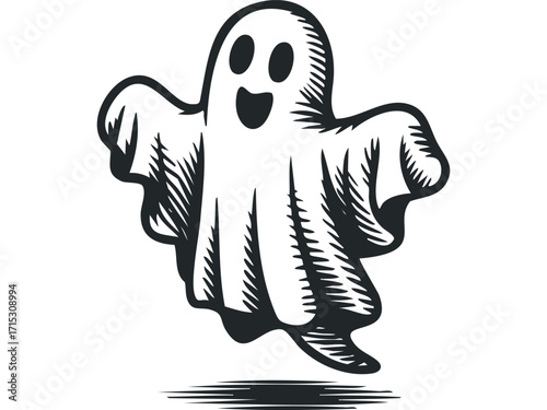 Happy Ghost Floating Image Isolated on Transparent Background. Vector hand drawn