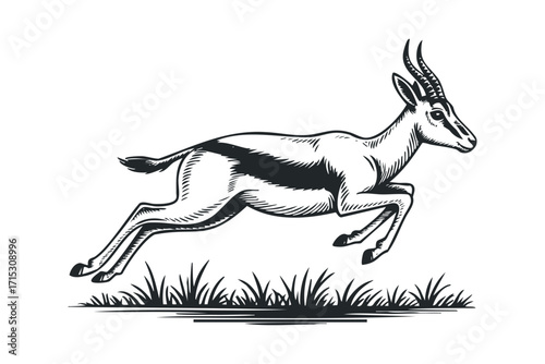 Gazelle running in grass on transparent. Vector hand drawn