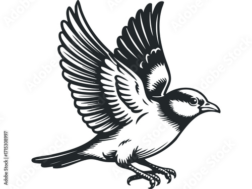 Black Ink Sparrow Bird Flying Transparent Background. Vector hand drawn
