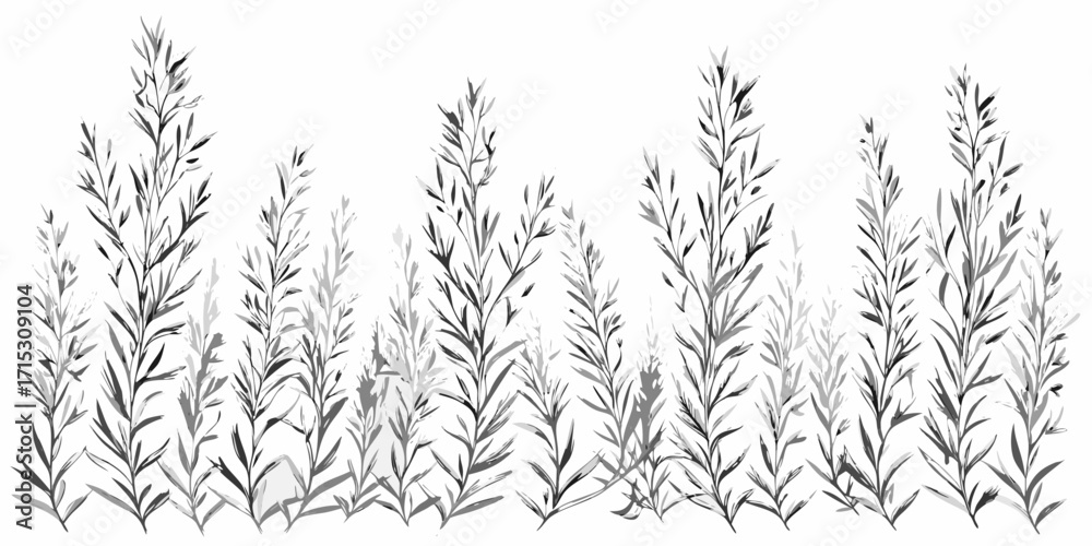 Monochrome illustration of dense foliage with slender leaves in varying shades of gray scale art style | editable eps vectors silhouette