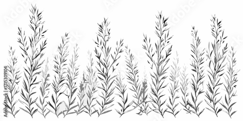 Monochrome illustration of dense foliage with slender leaves in varying shades of gray scale art style | editable eps vectors silhouette