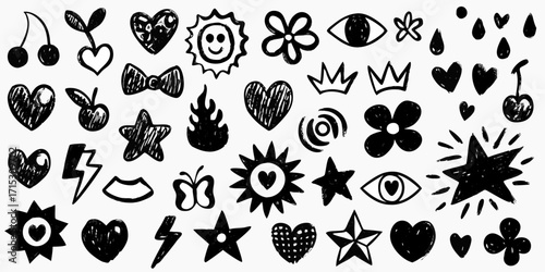 Collection of hand drawn black doodle icons including hearts stars suns flowers lightning bolts and butterflies