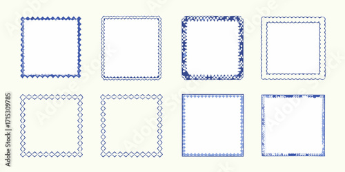 Collection of eight decorative blue hand drawn frames and borders with unique wavy and geometric patterns
