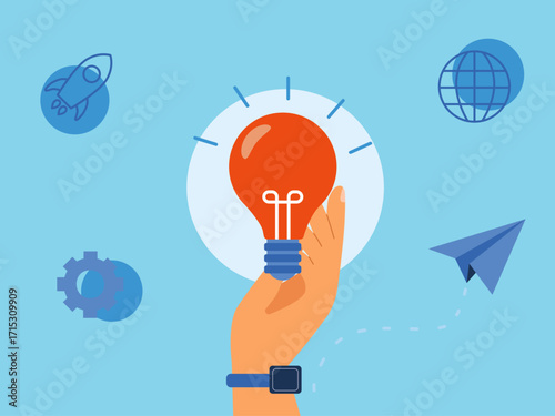 Inspiration for developer technology projects with watch hands reach for idea lamp, rocket, setting, internet. Technology illustration. Flat vector illustration concept.	