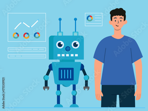 Young man standing with the robot he built, with graphs and diagrams. Technology illustration. Flat vector illustration concept.	