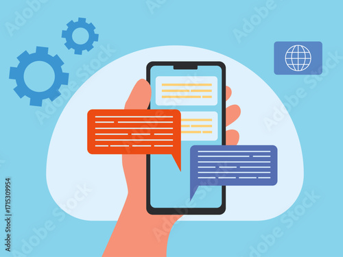 People chatting through gadgets on social media, communication networks with others with rapidly developing technology. Technology illustration. Flat vector illustration concept.	