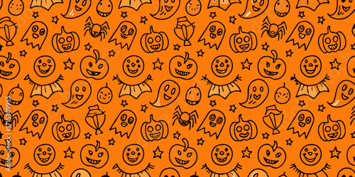 Cute hand drawn halloween pattern with ghosts pumpkins spiders and stars on orange background