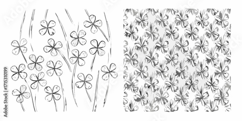 Watercolor style drawing of clover flowers in two different arrangements in black and white shades | editable eps vectors silhouette