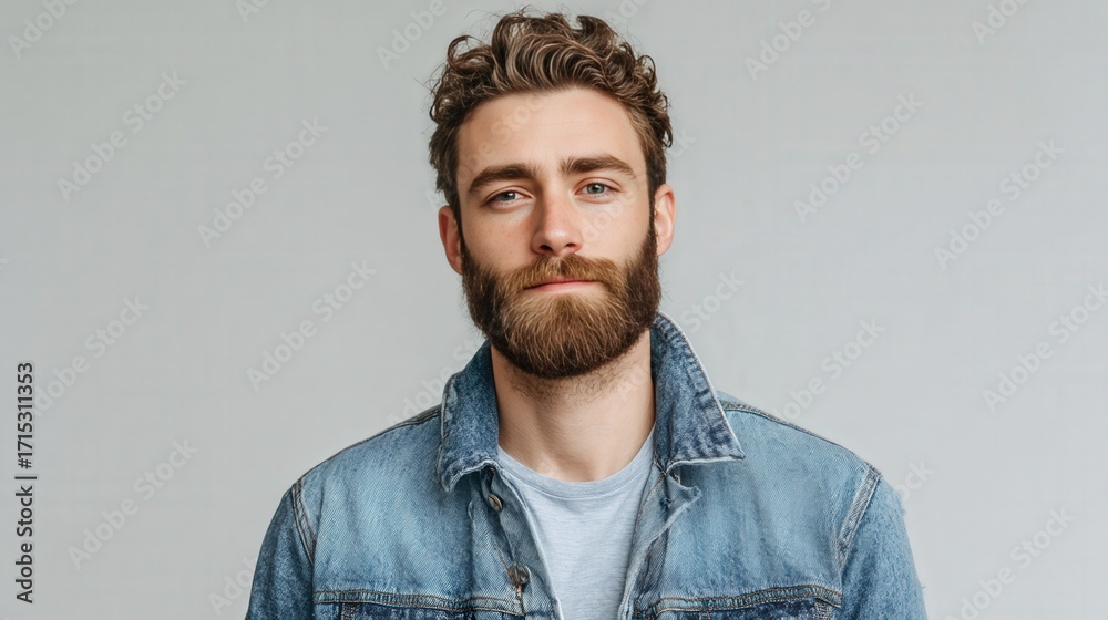 Fototapeta premium Stylish Young Man with Beard and Curly Hair in Denim Jacket Against Neutral Background
