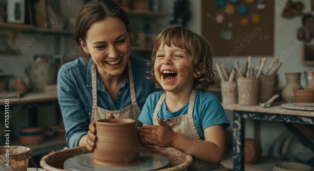 Fototapeta premium Joyful Pottery Mother and Child Creating Together