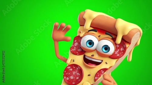 Animated Pizza Slice Character Waving Green Screen Background