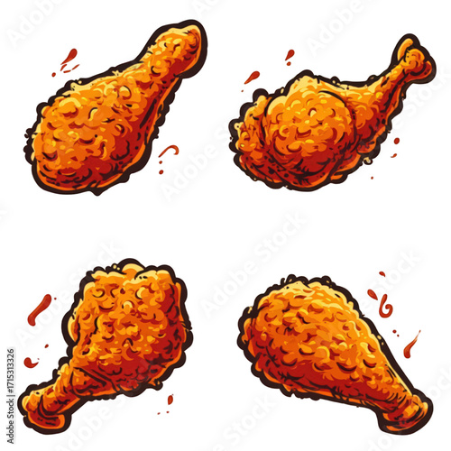 Set of four crispy fried chicken drumsticks illustration.