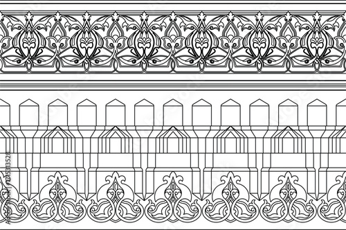 detailed black-and-white line drawing that shows three separate decorative borders. The top and bottom bands feature intricate, repeating arabesque patterns with flowing floral motifs.
