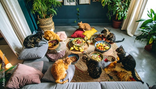 Cats feasting on a rug