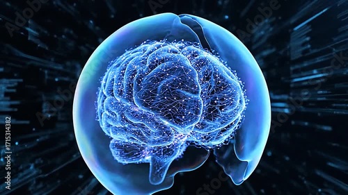 AI neural network brain with rotating shield locks in virtual cyberspace  
