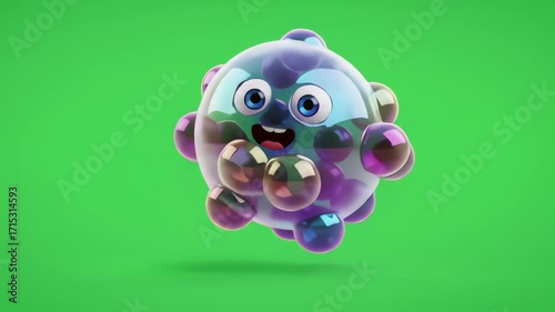 Animated Cartoon Character Bubbles with a Smiling Face on Green Background