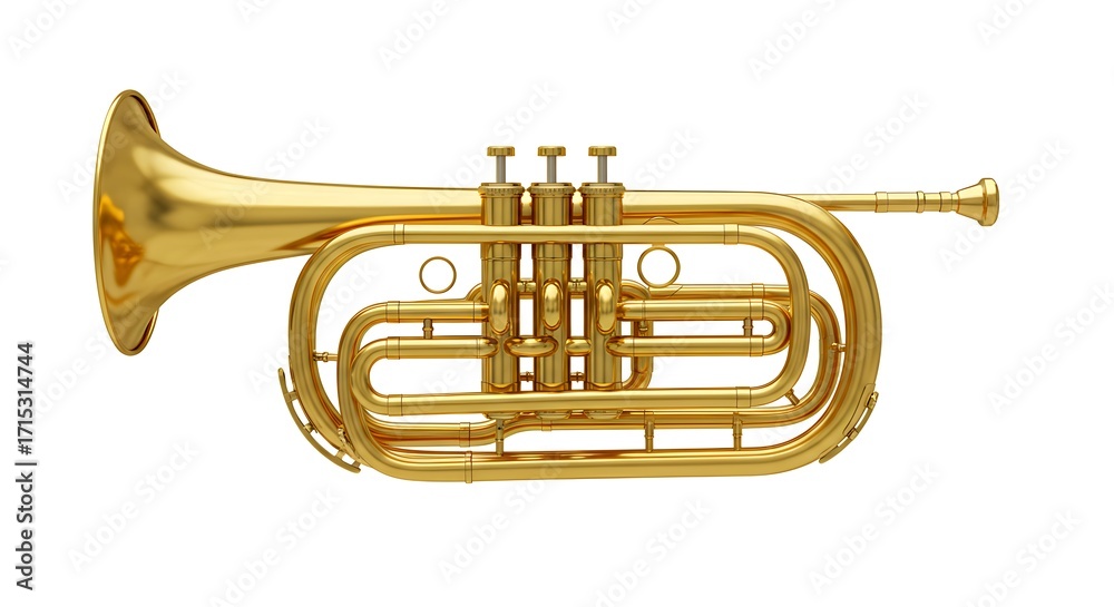 Obraz premium Gleaming Golden Cornet Brass Musical Instrument Isolated on White Background.