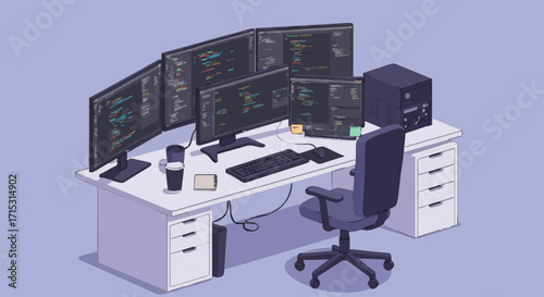 Coder workspace with multiple monitors and office chair