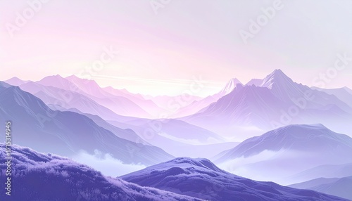 Lavender peaks rise from the mist. A silent, ethereal vista where soft light paints the snow-covered mountains in a violet dreamscape