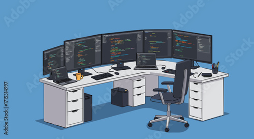 Coder's workspace with multiple monitors and computer setup