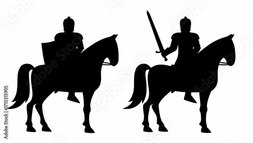 Powerful knight silhouette riding horseback with shield and sword ready for medieval battle