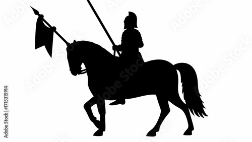 Bold knight riding strong horse with flag, medieval silhouette ready for battle and victory on the field
