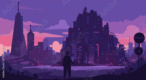 Distant city skyline at dusk with lone figure