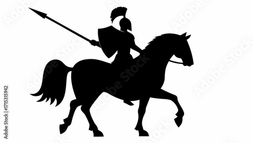 Powerful Spartan warrior silhouette riding horse with spear ready for battle in ancient times