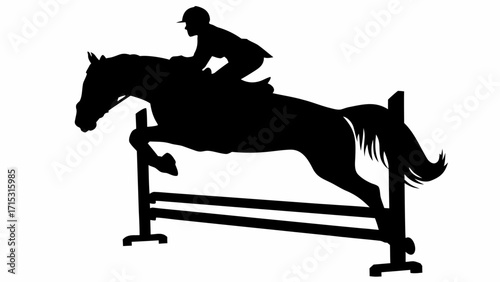 Dynamic silhouette of horse and rider jumping over obstacle in equestrian competition