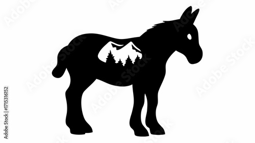 Cute donkey silhouette with mountain landscape cutout for nature loving animal designs and western themes
