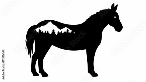 Elegant black horse silhouette design with mountain and forest landscape inside its form
