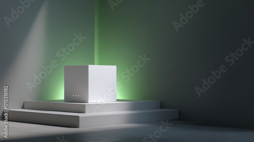 White Square Box on Riser with Green Spotlight.