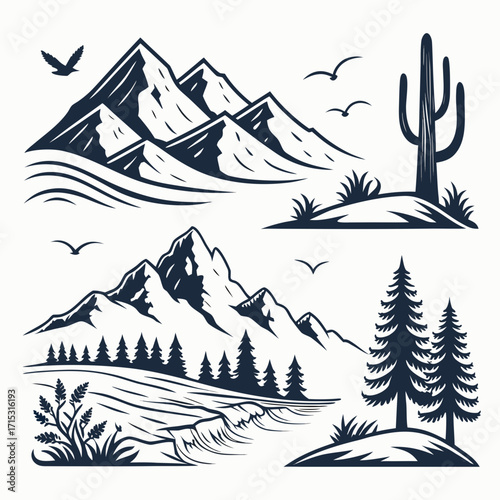 “Beautiful nature silhouette vector set: mountain peaks, forest trees, desert cactus, ocean waves, wildlife landscape icons for outdoor posters, eco branding, travel themes, adventure lifestyle design