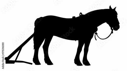 Majestic draft horse silhouette pulling vintage plow, symbol of traditional farming and rural heritage