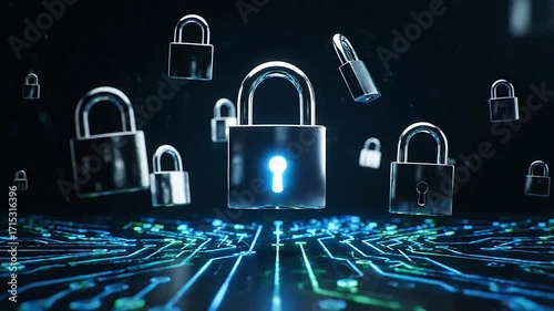 Wallpaper Mural Cinematic cybersecurity concept with locks floating over glowing circuits   Torontodigital.ca