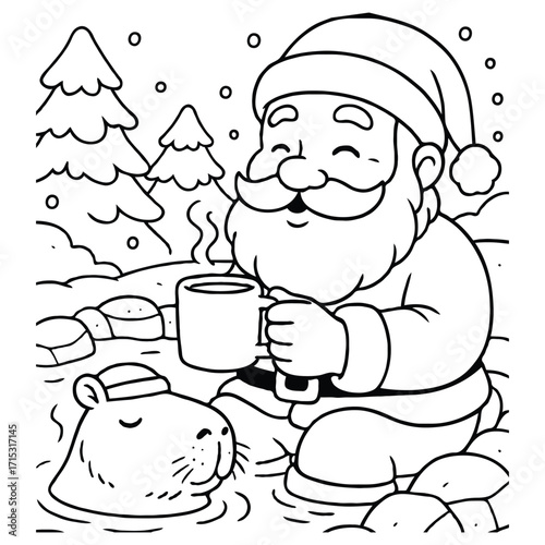 Santa and Capybara in Hot Spring Drinking Cocoa Coloring Page