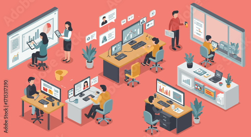 Modern office workspace with employees and data displays