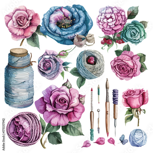 Isolated Watercolor Vector Illustration of Colorful Flowers and Art Supplies set