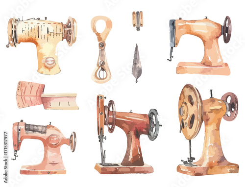 Isolated Watercolor Vector Illustration Of Vintage Sewing Machines In Various Styles And Colors