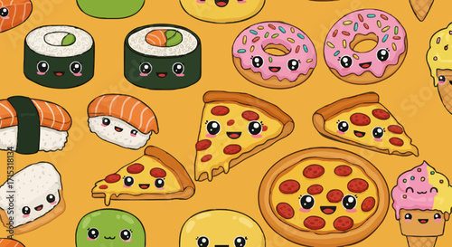Seamless pattern of sushi pizza donuts and ice cream