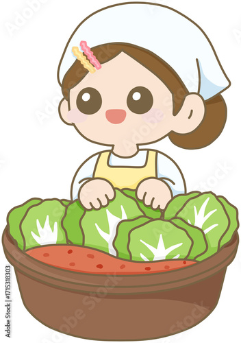 김장_하얀수건_앞치마여자아이_배추담그는모습_겨울김치준비