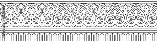 black-and-white line drawing of a decorative border. The main band features an intricate, repeating arabesque pattern with flowing, symmetrical floral or leafy motifs.