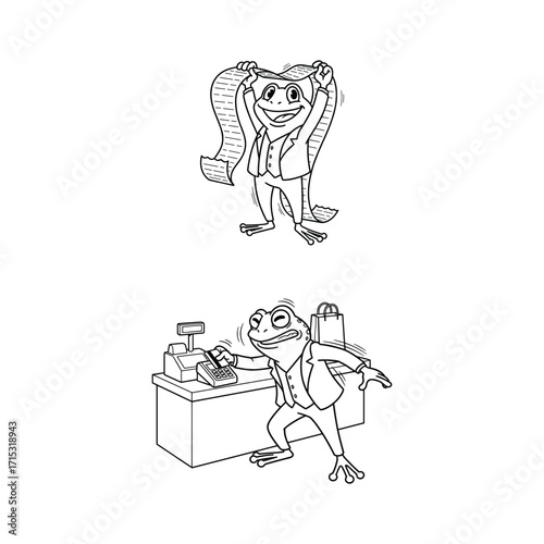 A frog character showing bill shock at the checkout counter. A funny before and after of a happy shopper and the pain of paying by credit card.