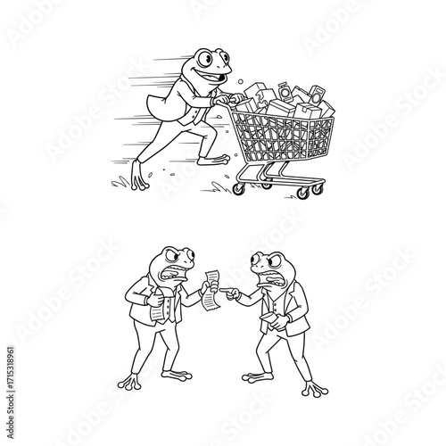 A frog couple has a budget argument over a long grocery bill. Vector illustration about family finances spending and overspending.