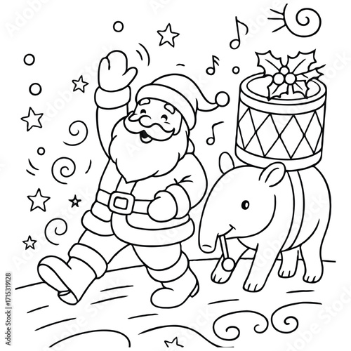 Santa Leading Parade with Tapir and Holly Drum Coloring Page